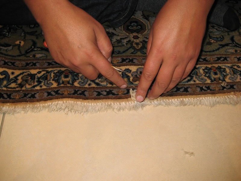 Skilled repairman meticulously re-weaving a section of an oriental carpet damaged by moths.