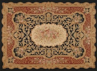 Aubusson Carpet: Beige Medallion on Black Aubusson carpet with elegant beige medallion on a black background.