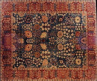 Agra Carpet: Indian Floral Design on Indigo Agra carpet from India with all-over floral design on blue indigo background.