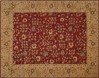 Agra carpet from India with all-over floral design on rich red ruby background.