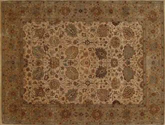 An oriental rug with a large floral design.<br />
